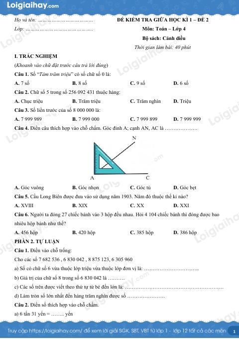 Đề kiểm tra giữa học kì 1 Toán 4 Cánh diều - Đề số 2